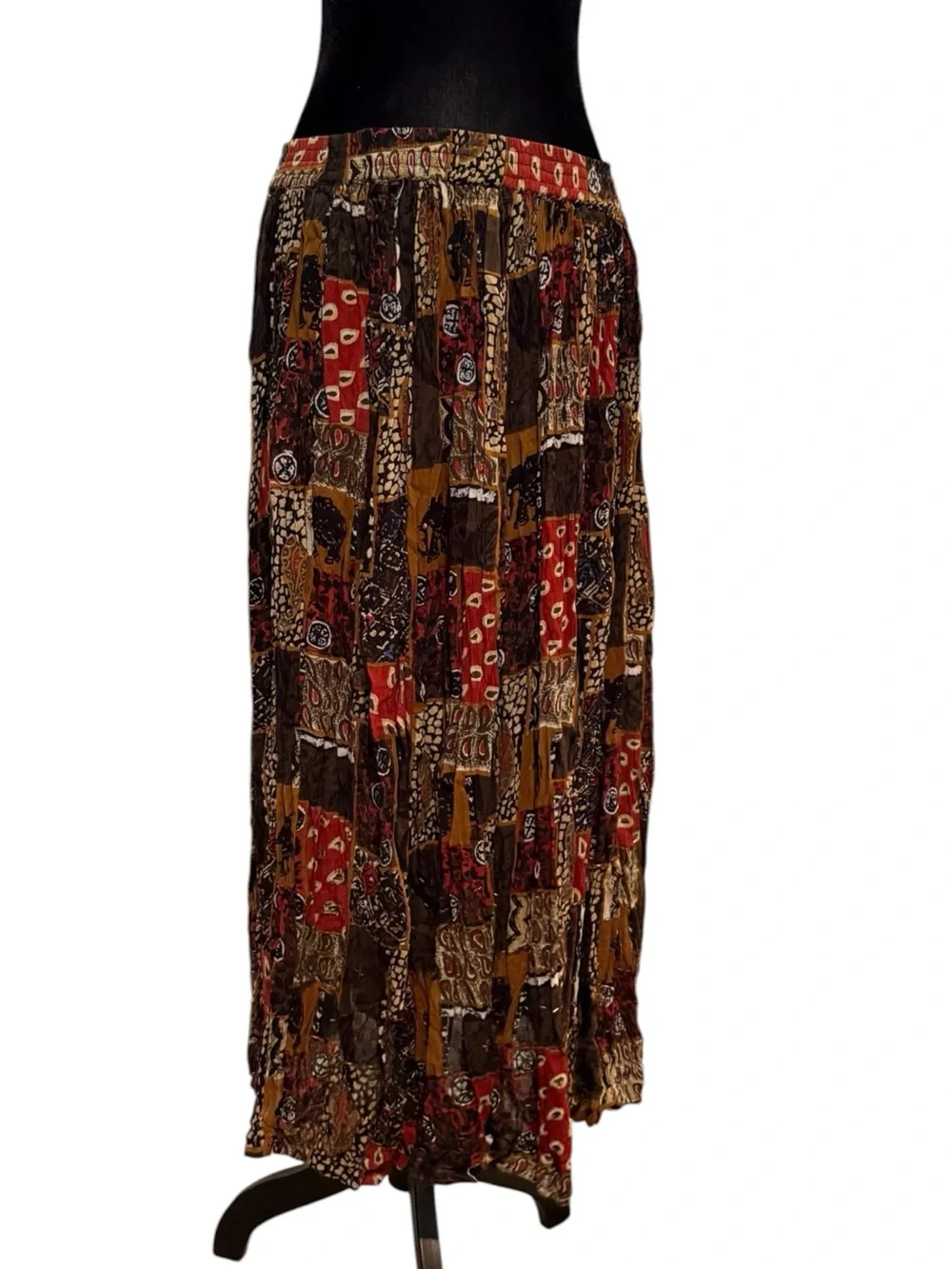 Jane Ashley Brown Red Maxi Skirt Beaded Patchwork Boho Lagenlook Artsy Crinkle
